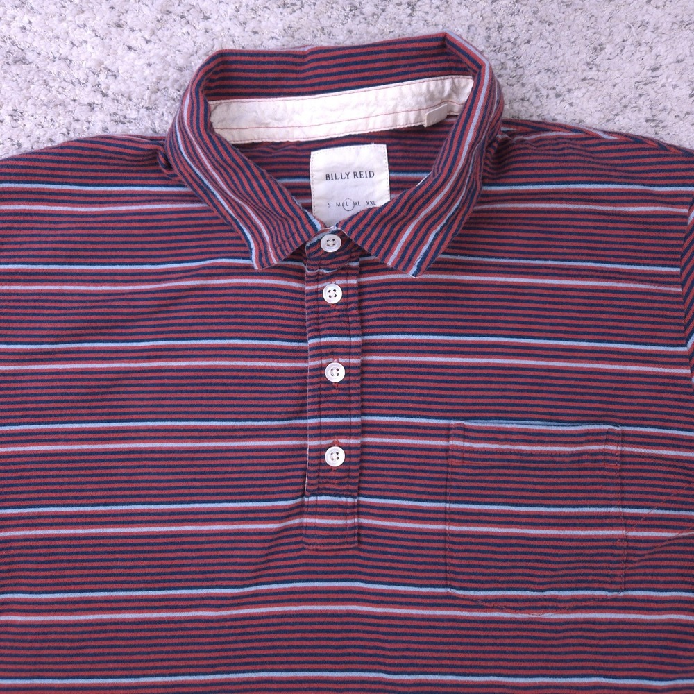 Billy Reid Polo Mens Large Shirt Short Sleeve Striped Collared Brick Navy Knit - Picture 3 of 8